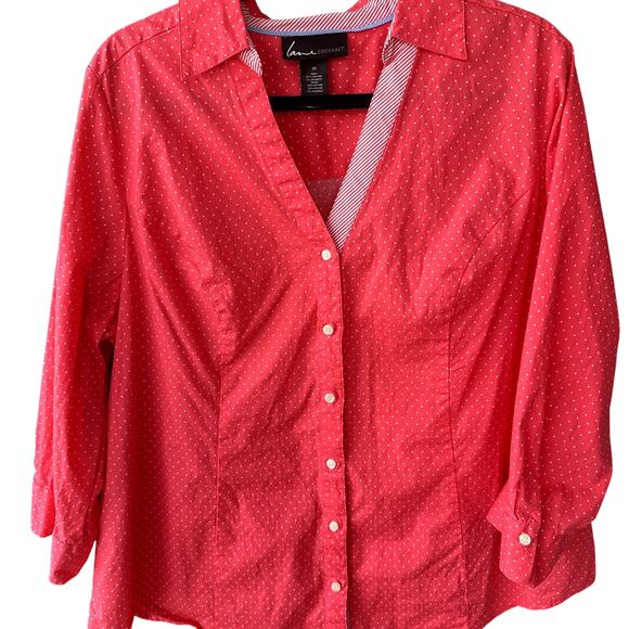 Lane Bryant Sz 20 Coral Polka Dot Button Front ¾ Sleeve Blouse Casual Career - Picture 2 of 5